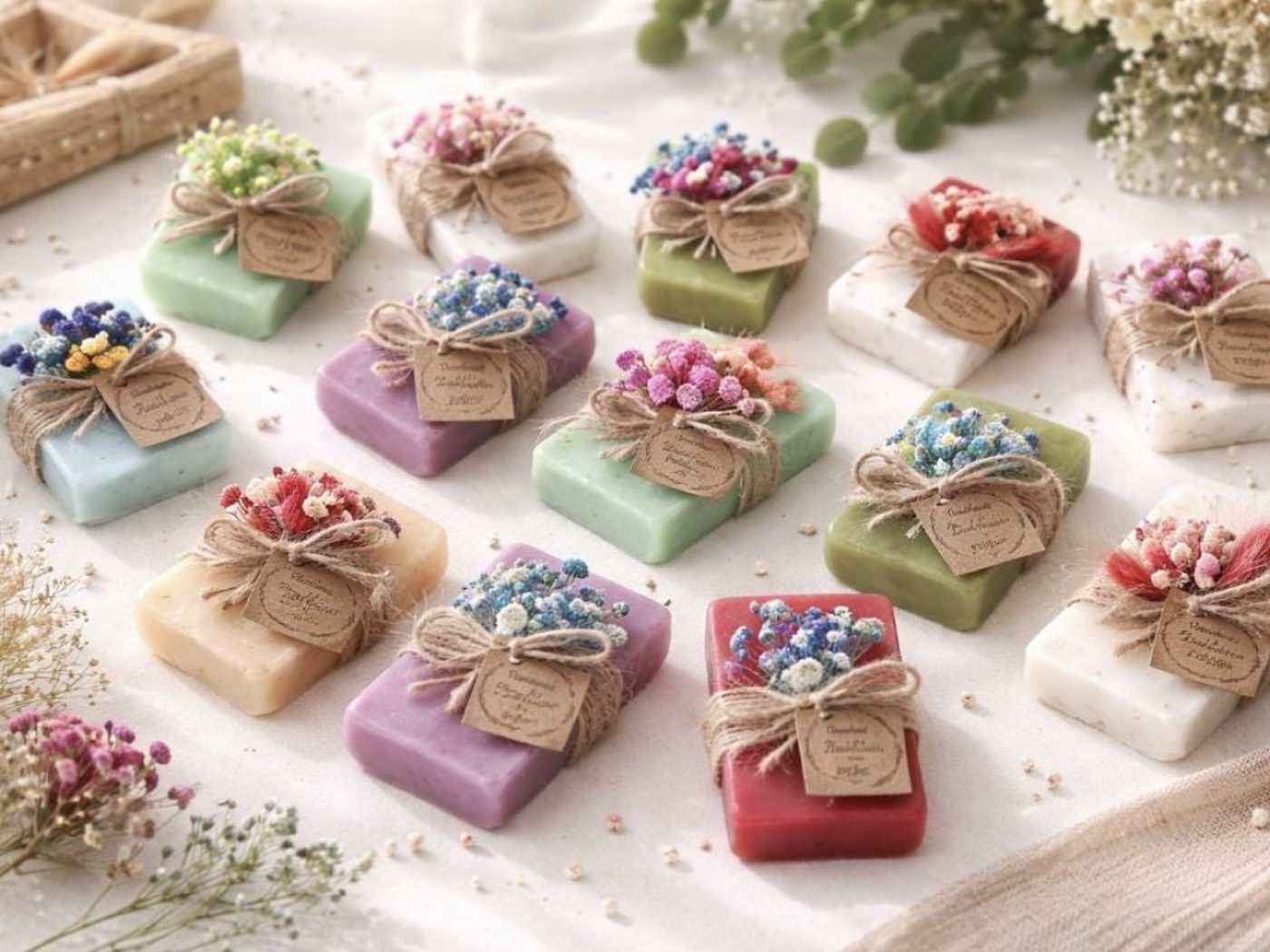 Pastel soap favours topped with dried flower posies and kraft name tags, laid out on cream cloth
