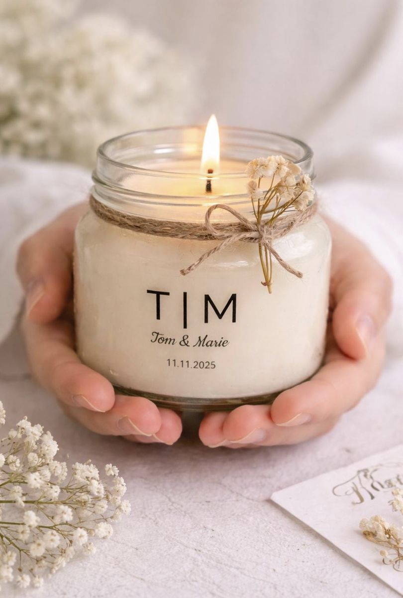 Hands holding a lit monogrammed candle in a glass jar with jute twine and dried gypsophila, labelled Tom & Marie