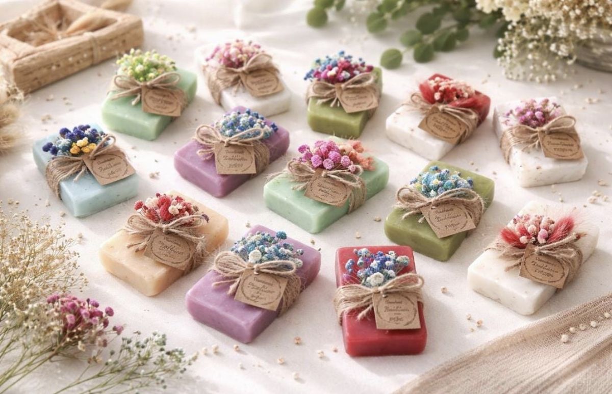 Pastel soap favours with dried flower posies and kraft tags on a cream cloth