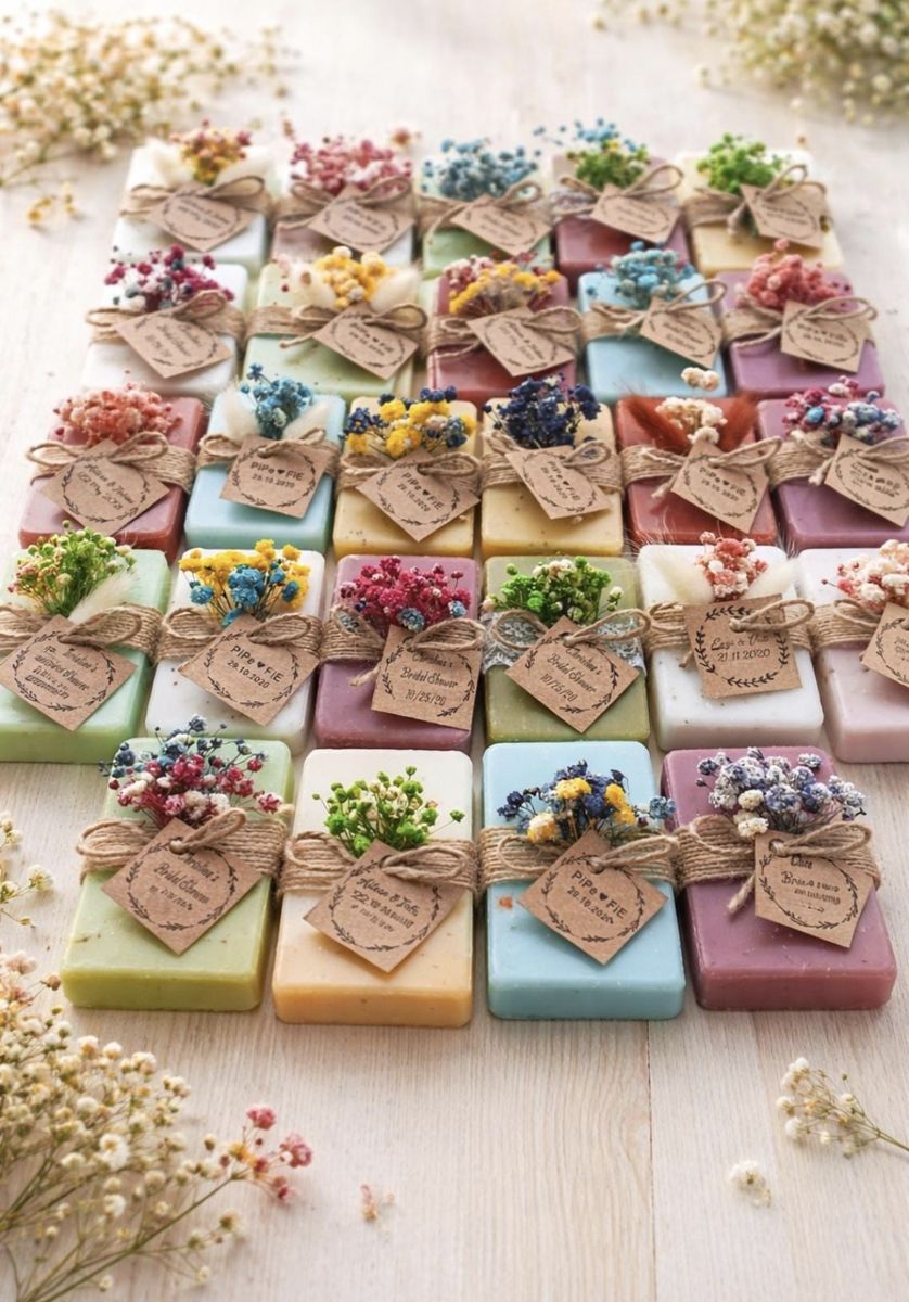 Rows of pastel soap bars topped with dried flowers and kraft tags naming each couple and date